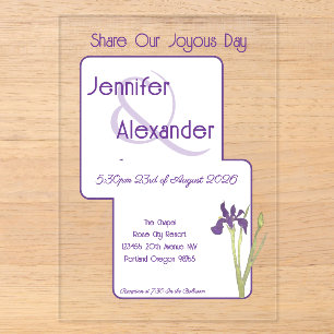 Stylische Aquarell-Iris Lila Acryl-Hochzeit Acryleinladungen