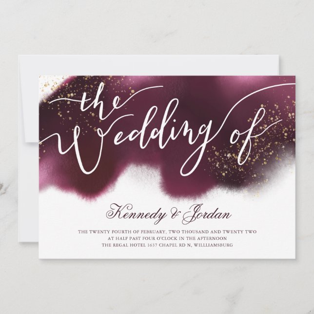 Stylische Burgund Gold Glitzer Typografie Hochzeit Einladung (Vorderseite)
