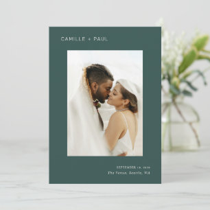 Stylische grüne Wald-Foto-Minimalist-Hochzeit Save The Date