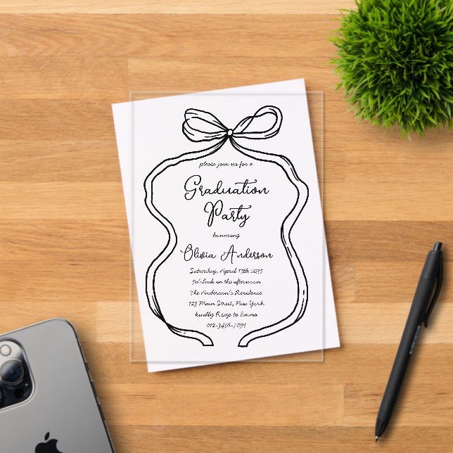 Stylische Hand Drawn Bow & Script Graduation Party Acryleinladungen (Insitu (Einladungskarte))