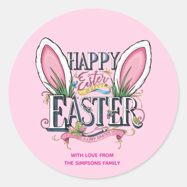 Stylische Hasenohren rosa Frohe Ostern Runder Aufkleber (Vorderseite)