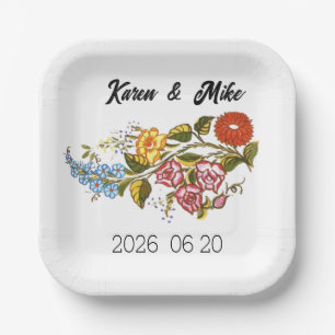 Stylische Kalocsai-Blumen - personalisierte Hochze Pappteller
