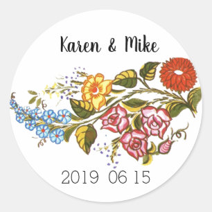 Stylische Kalocsai-Blumen - personalisierte Hochze Runder Aufkleber