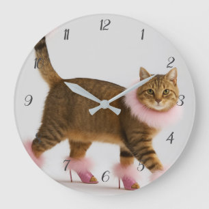    Stylische Katze in rosa Absätzen und fluffigem  Große Wanduhr