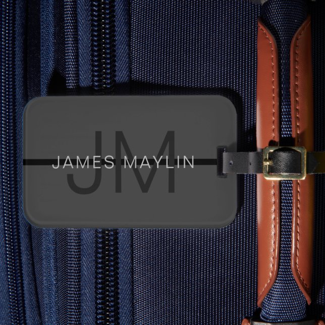 Stylische Maskuline Dunkelgrau Name & Monogramm Gepäckanhänger (Vorderseite Insitu 4)