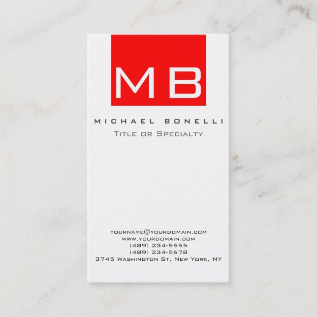 Stylische Monogram White Red Vertical Business Car Visitenkarte (Vorderseite)