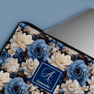 Stylische Navy Blumen Blaue Florale Laptoptasche Laptopschutzhülle