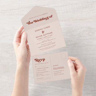 Stylische Retro-Pfirsich-Pink-Hochzeit All In One Einladung