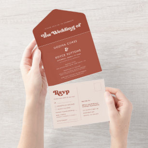 Stylische Retro-Terrakotta-Hochzeit All In One Einladung