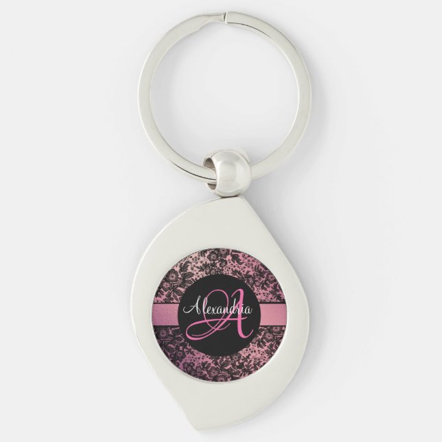 Stylische Rosa Blush Black Floral Monogram Custom Schlüsselanhänger (Vorderseite)