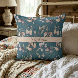 Stylische rosa und goldene Steinblätter auf Blau Kissen