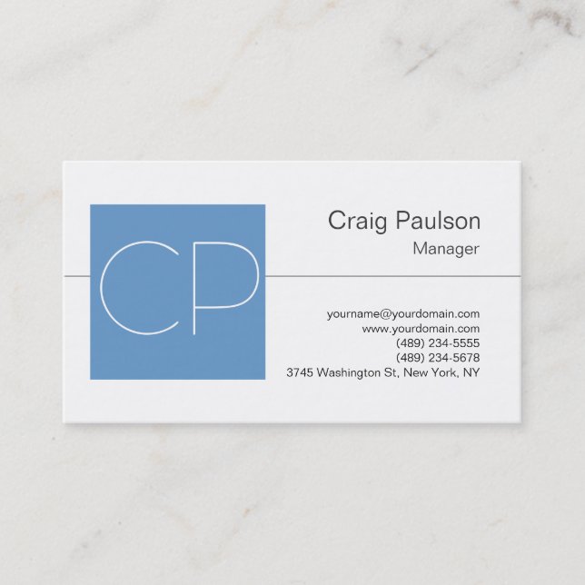 Stylische Schwarz-weiß Blue Monogram Business Card Visitenkarte (Vorderseite)