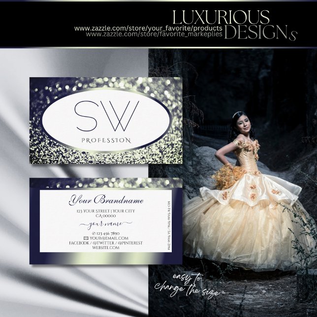 Stylischer Blue Silver Sparkle Glitzer White Monog Visitenkarte (Von Creator hochgeladen)