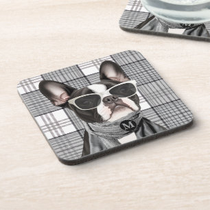 Stylischer Boston-Terrier-Hund und kariertes Monog Getränkeuntersetzer