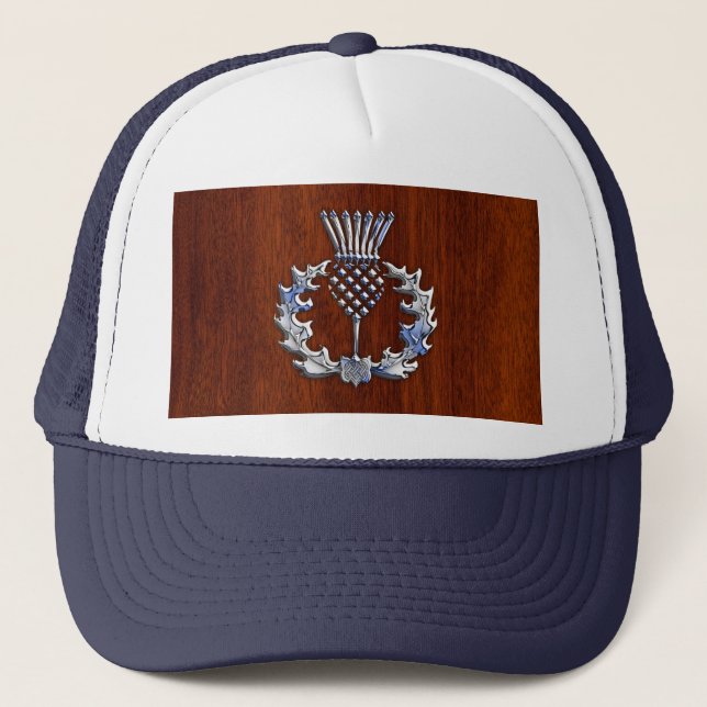 Stylischer Chrome und Mahogany Wood Scottish Thist Truckerkappe (Vorderseite)