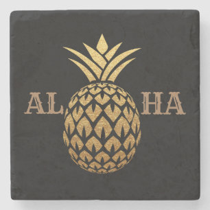 Stylischer goldener Ananas schwarz Aloha tropische Steinuntersetzer