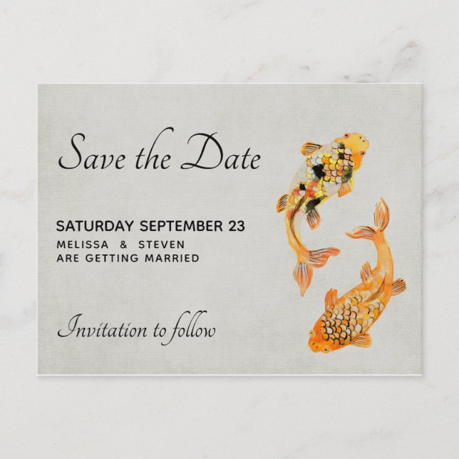 Stylischer Goldkoi-Fisch Save the Date Einladungspostkarte (Vorderseite)