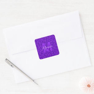stylischer lila Glitter-Monogramm-Schriftname Quadratischer Aufkleber