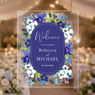 Stylischer lila staubblauer Blumen-Hochzeitsempfan Acrylschild