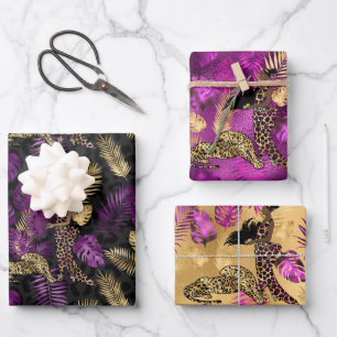 Stylischer lila und goldener Leopard und Frau Safa Geschenkpapier Set