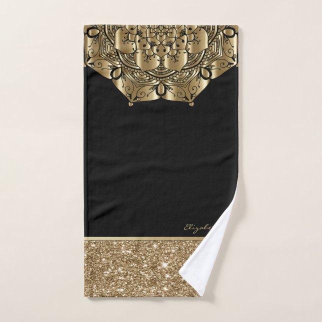 Stylischer Mandala Black,Gold Stripes Glitzer Badhandtuch Set (Handtuch)