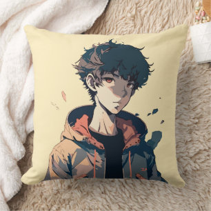 Stylischer Manga-Junge in brauner Jacke Kissen