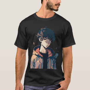Stylischer Manga-Junge in brauner Jacke T-Shirt
