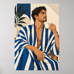 Stylischer Mann mit Kaffee Blaue Gestreifte Modern Poster