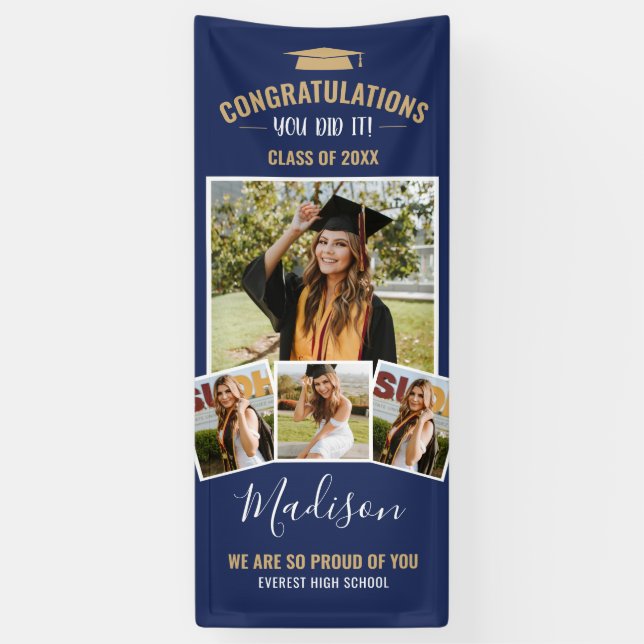 Stylischer Navy Blue 4 Foto Collage Abschluss Banner (Vertikal)