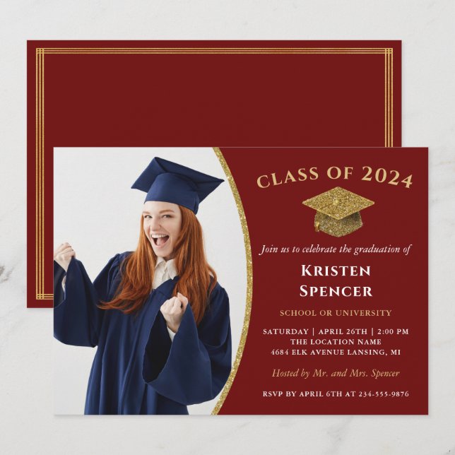Stylischer Red Gold Graduate Foto Abschluss Einladung (Vorne/Hinten)