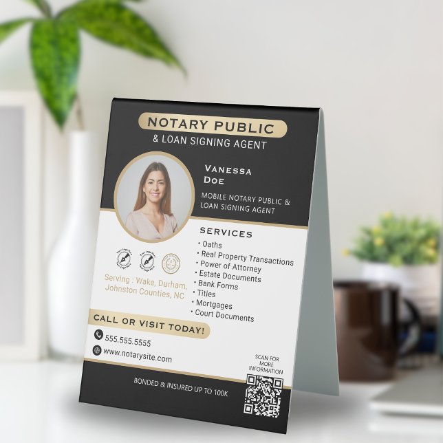 Stylisches Black Gold Notary Foto QR Code Marketin Tischaufsteller (Von Creator hochgeladen)