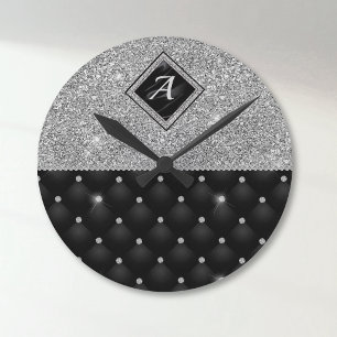 Stylisches falsches Kristall-Silber-Schwarzdiamant Runde Wanduhr