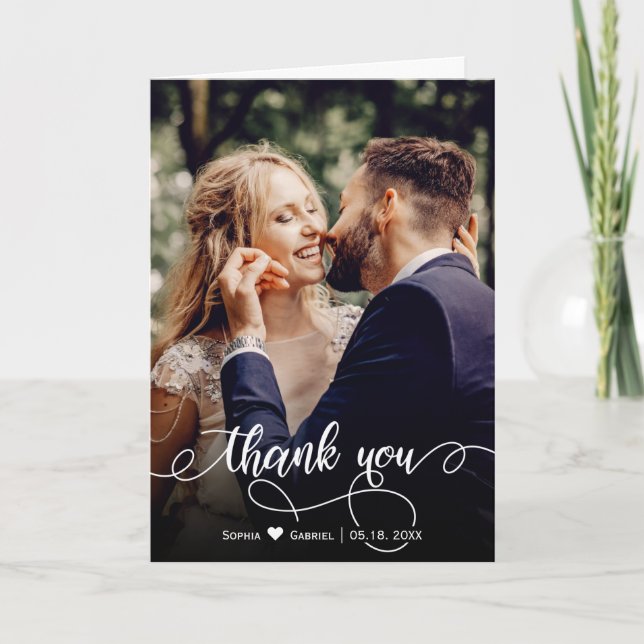 Stylisches handgeschriebenes Skript Hochzeitsschre Dankeskarte (Vorderseite)
