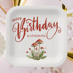 Stylisches Happy Birthday Retro Pilz Pappteller