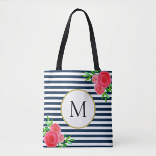 Stylisches Navy White Striping Korallen Floral Mon Tasche