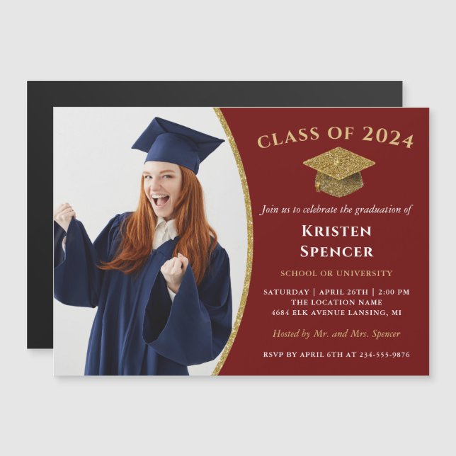 Stylisches Red Gold Foto Graduation Party Magnet (Vorne/Hinten)