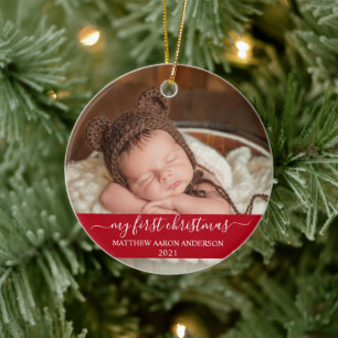Stylisches Script Red My First Christmas Baby Keramik Ornament