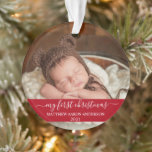 Stylisches Script Red My First Christmas Baby Ornament<br><div class="desc">Elegantes,  trendiges Script Mein First Christmas Baby Foto Red Ornament mit Snowflakes zurück</div>