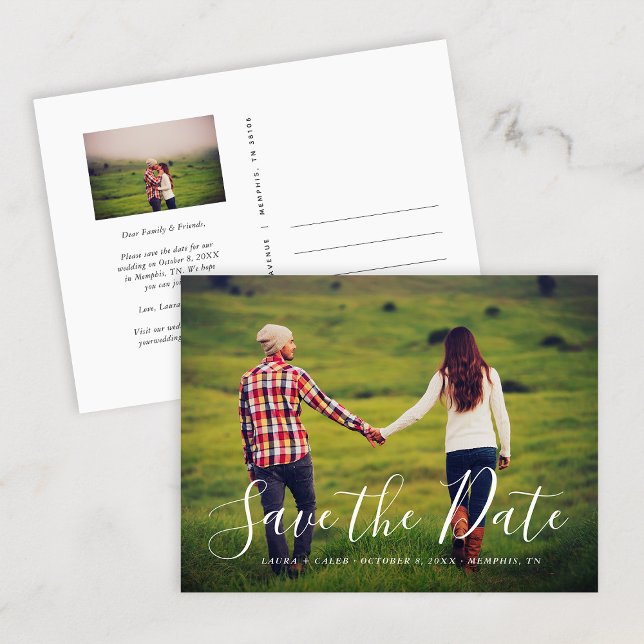 Stylisches Skript-Foto-Overlay Save the Date Ankündigungspostkarte (Von Creator hochgeladen)
