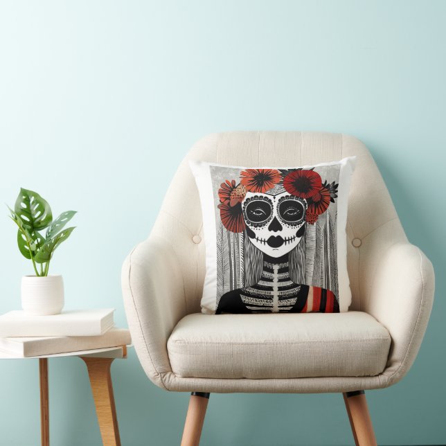 Stylisé La Catrina Coussin : Noir, Rouge et Blanc (Chaise)