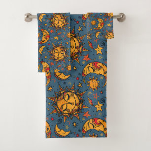 Stylisé Main Tirée Boho Sun Moon Stars Bleu