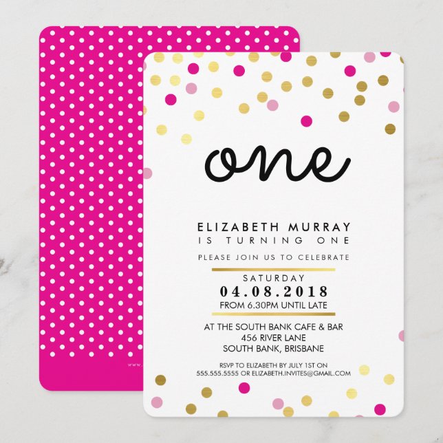 STYLISH 1ER anniversaire INVITATION rose or fille (Devant / Derrière)