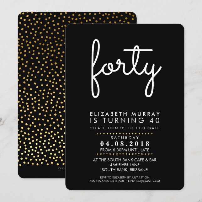 STYLISH 40. Geburtstag Party FORTY INVITE Einladung (Vorne/Hinten)