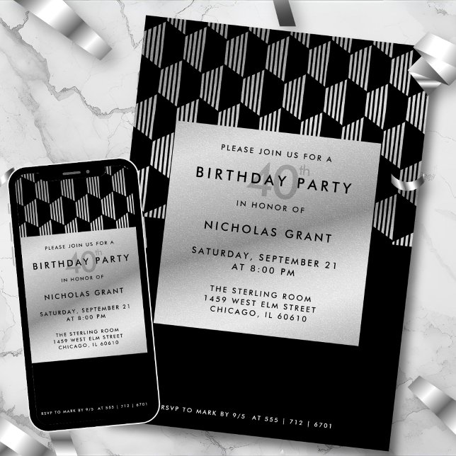 Stylish 40th Birthday Faux Silver Foil Black Einladung (Von Creator hochgeladen)