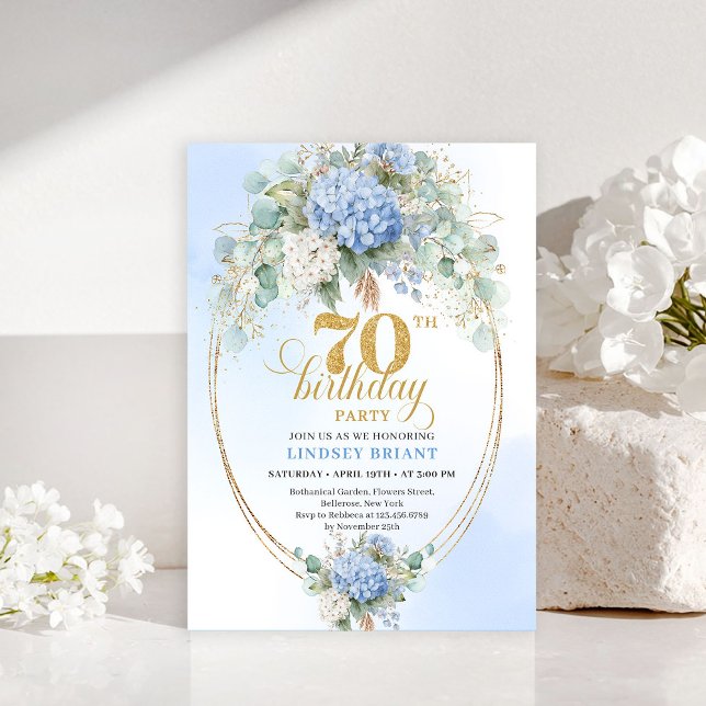 Stylish 70th Birthday Light Blue Hydrangea Invite Einladung (Stylish 70th Birthday Light Blue Hydrangea Invitation)