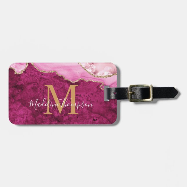 Stylish Agate Geode Pink Magenta Monogram Gepäckanhänger (Vorderseite horizontal)