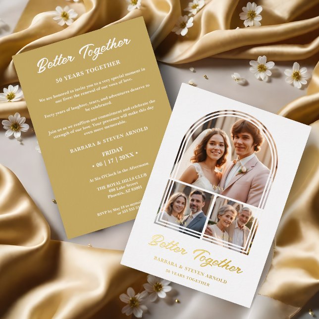 Stylish Arch 3 Photos Elegant Wedding Anniversary  Folieneinladung (Stylish Arch 3 Photos Elegant Wedding Anniversary Gold Metallic Foil Invitation Card as a Time Life.)