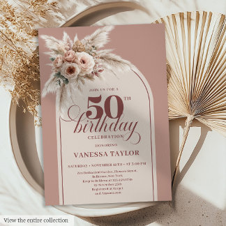 Stylish Arch Pastel Pink Pampas Floral 50 Birthday Einladung