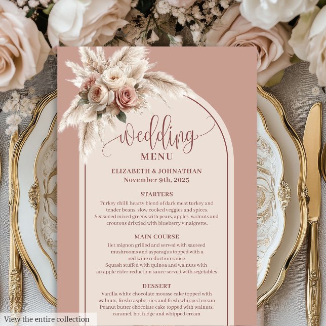 Stylish Arch Powder Pink Pampas Floral Wedding   Menükarte (Delicate Boho Dusty Pink Pampas Floral Wedding Menu)