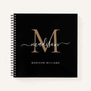 Stylish Black Gold Monogram Initial Script Name Notizbuch
